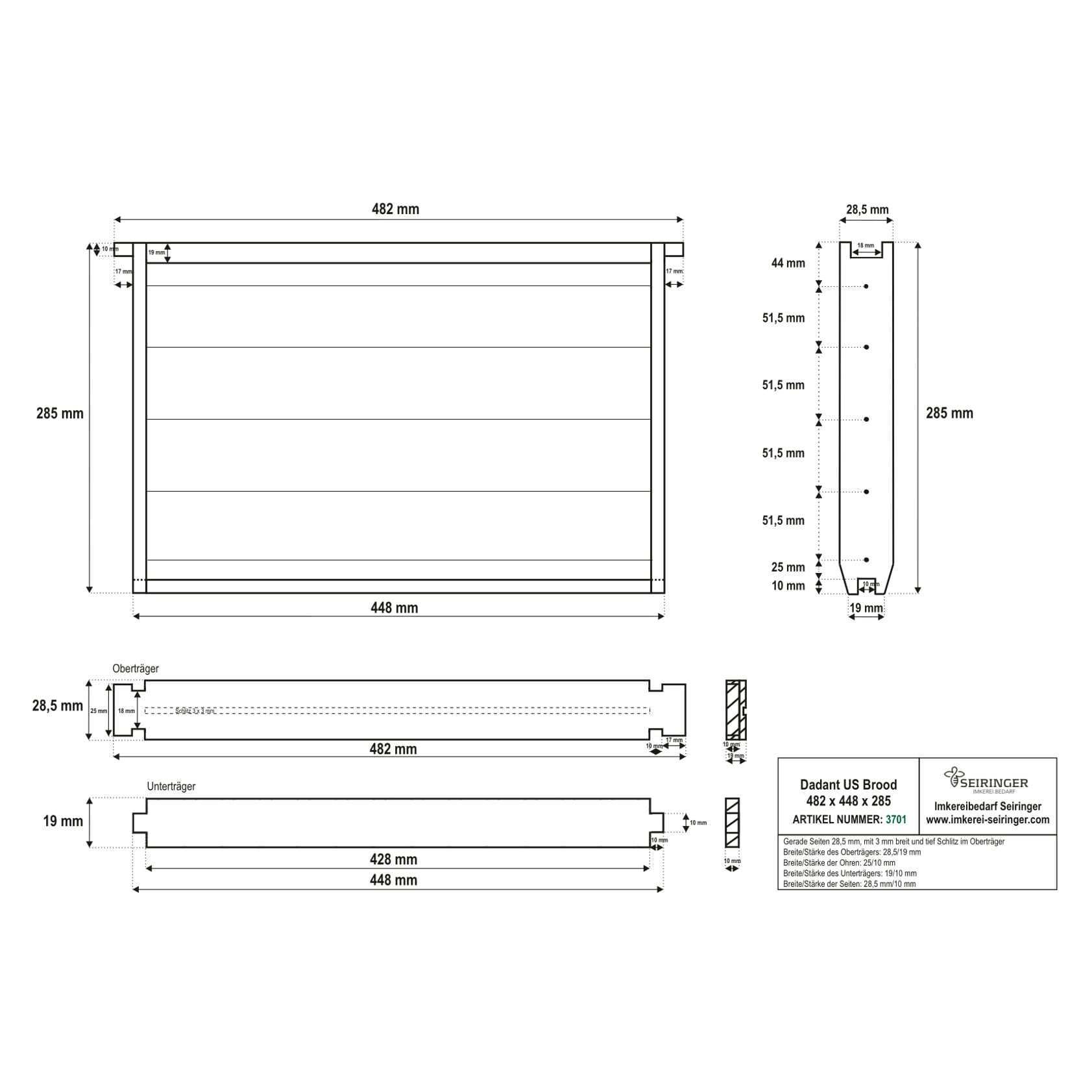 Dadant_US_Brood_482x448x285_gerade_Seiten_28,5(3701)webshop Rähmchen Dadant US - gerade - 482x448x285 - 28/25 - 20 Stk. – Bild 1