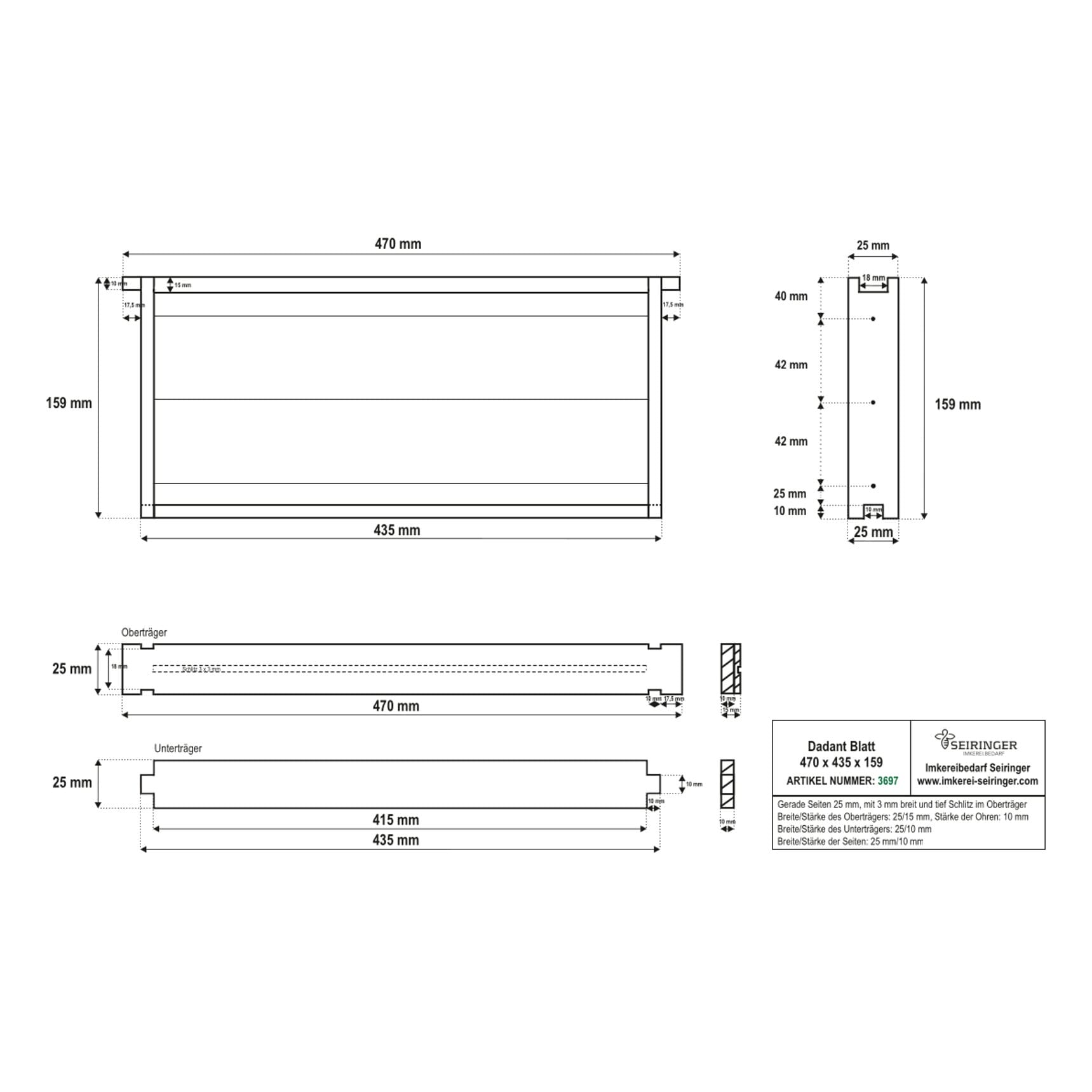 Rähmchen Dadant Blatt - gerade - 470x435x159 – Bild 1